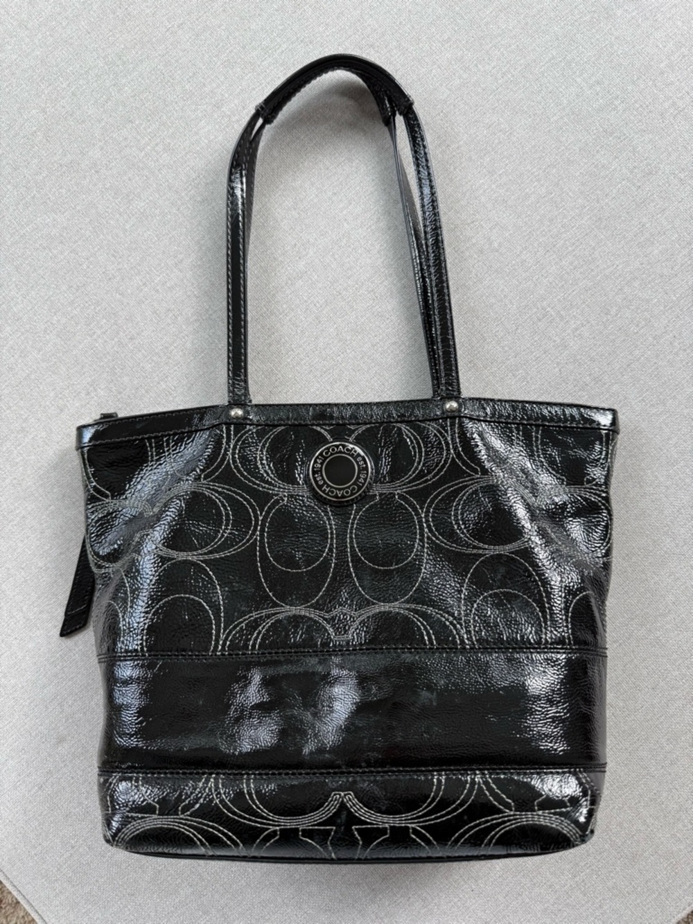 Coach Black Patent Leather Tote with Signature 'C' Pattern